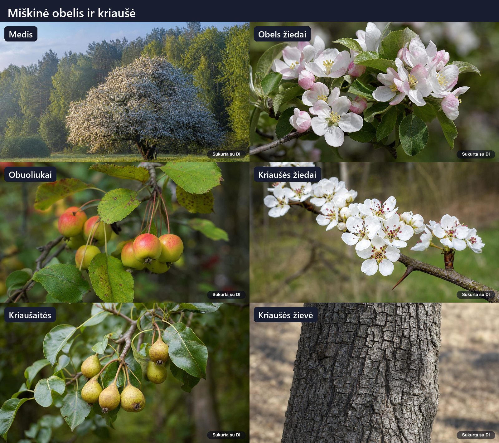 Wild apple and wild pear: tree, leaves, flowers, fruits or seeds, bark, and buds in a single illustration