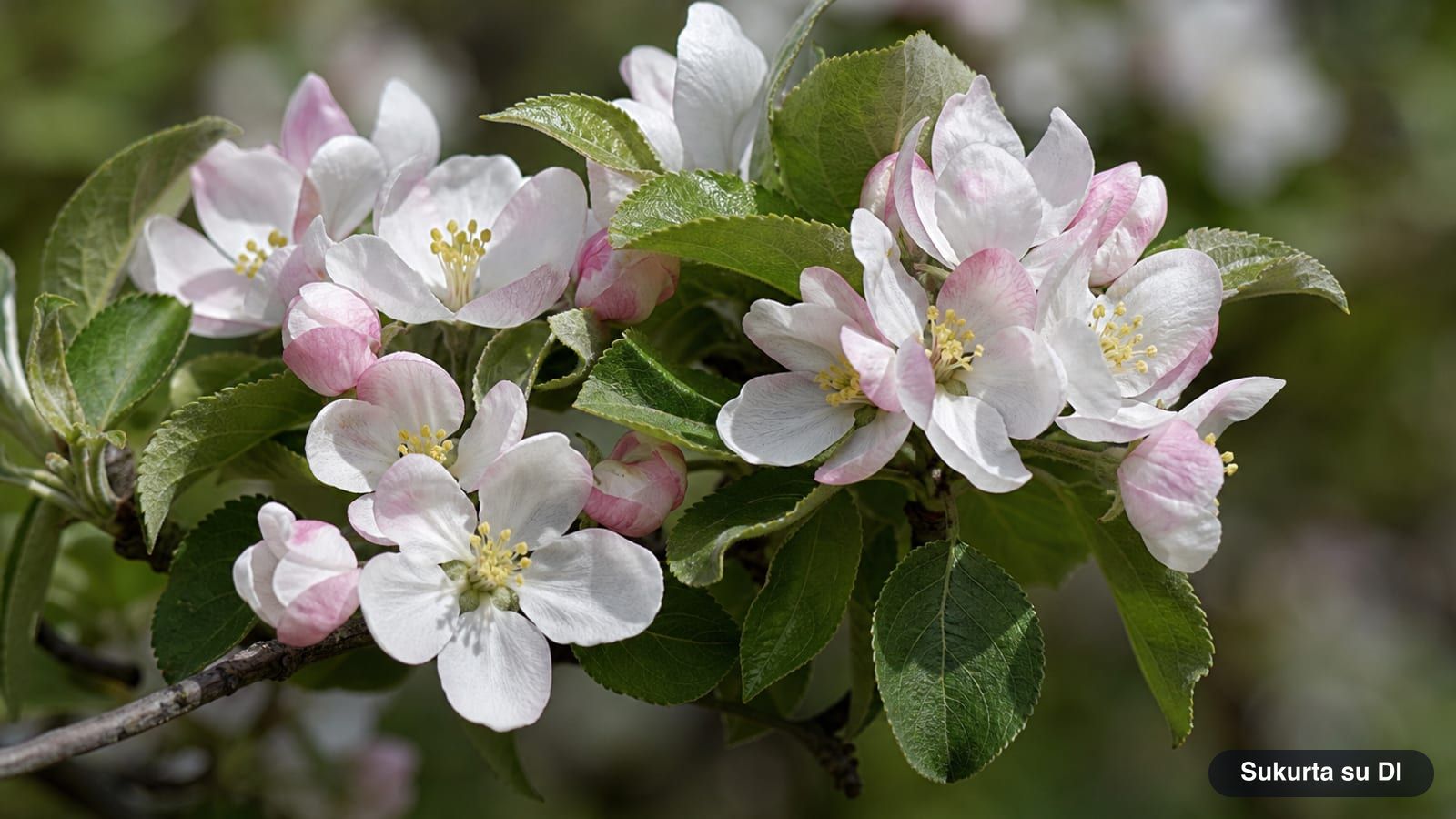 White and pink-tinged wild apple blossoms among young leaves in May
