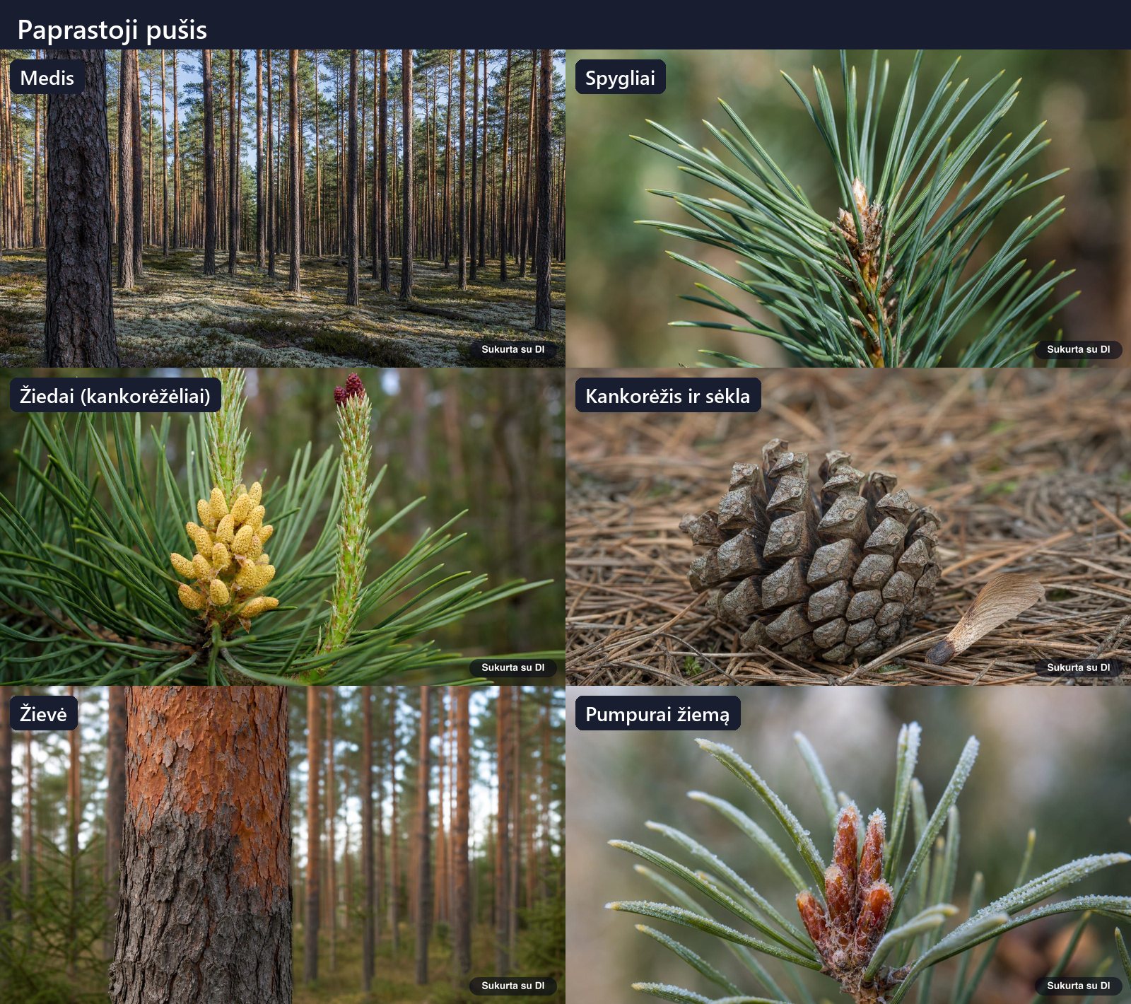 Scots pine: tree, leaves, flowers, fruits or seeds, bark, and buds in one illustration