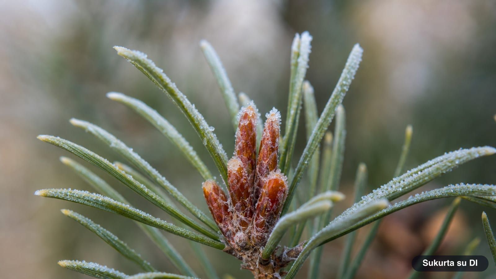 The tip of a Scots pine shoot with reddish-brown resinous buds in winter