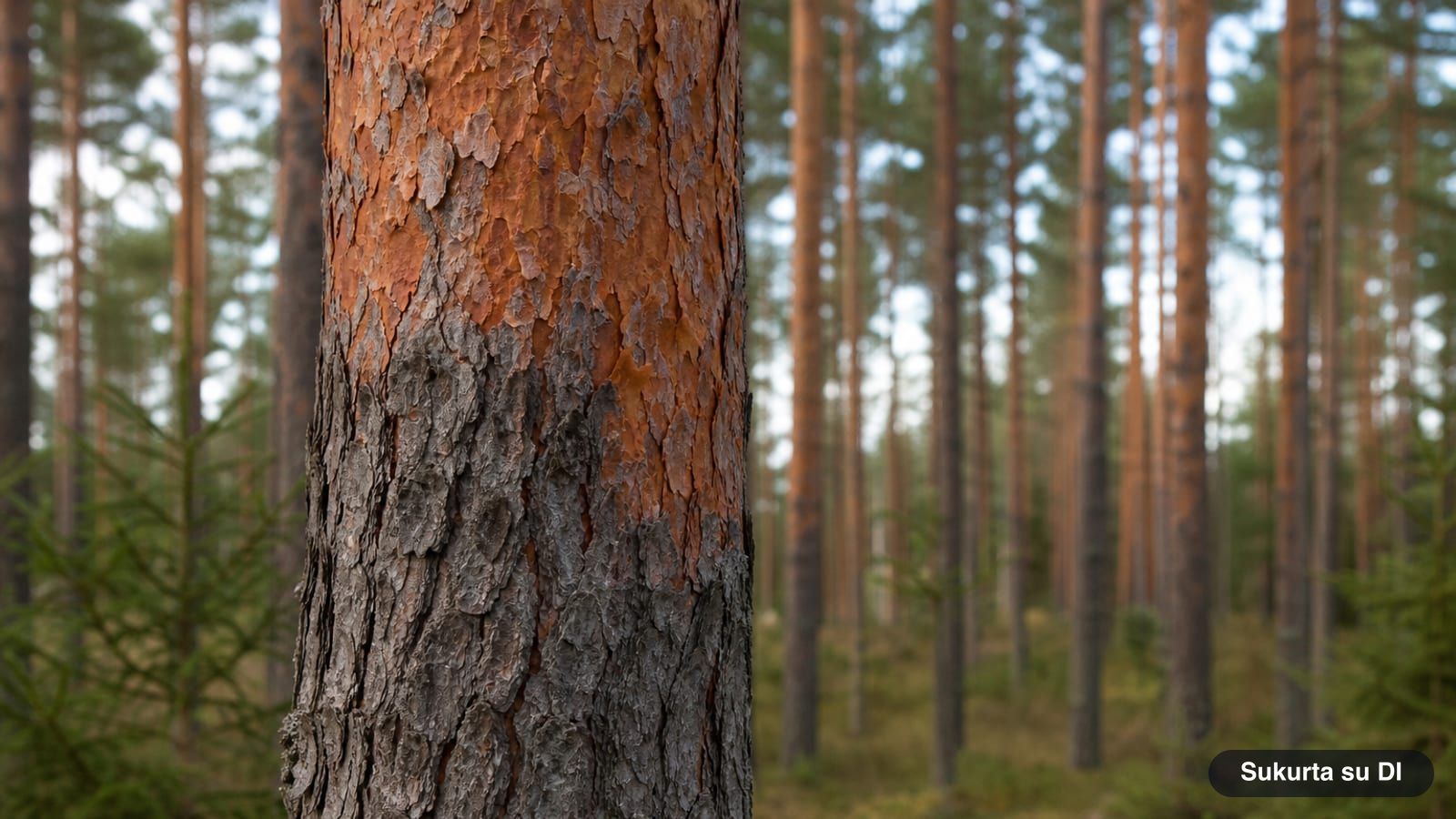 Scots pine trunk: thick grayish-brown bark at the bottom, thin orange bark at the top
