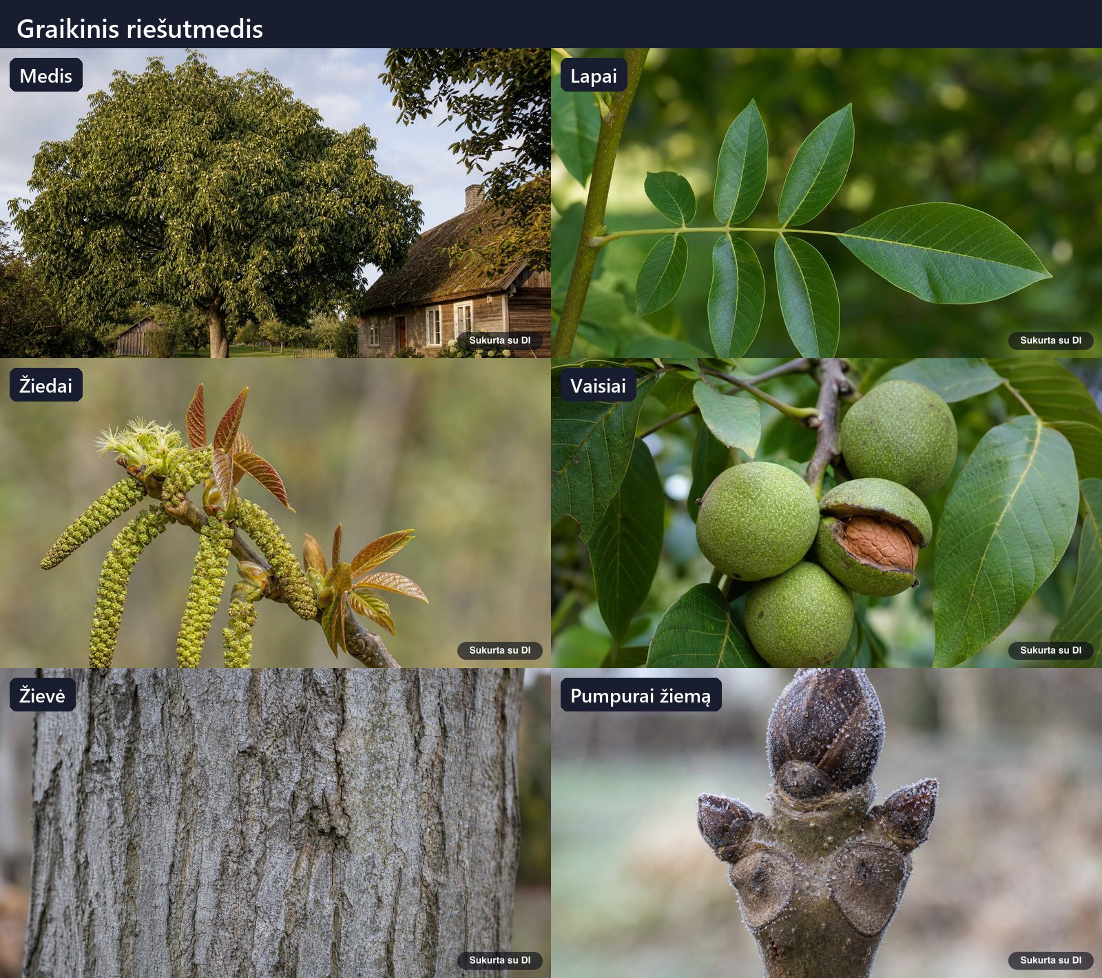 English walnut: tree, leaves, flowers, fruits or seeds, bark, and buds in one illustration