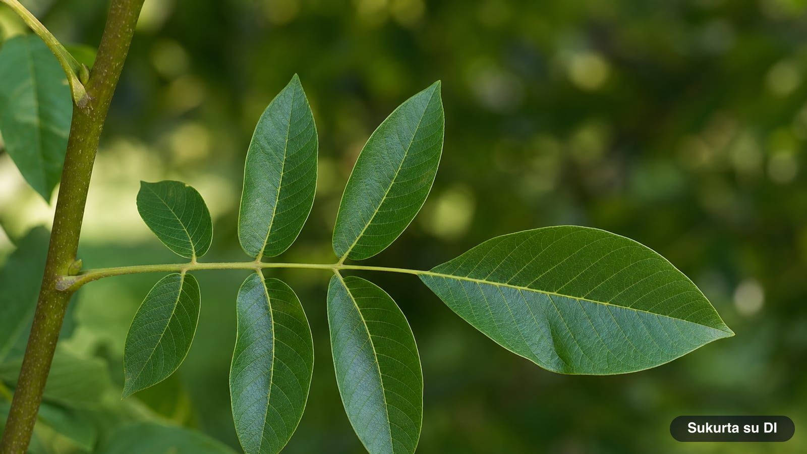 A large pinnate leaf of the English walnut with entire leaflets