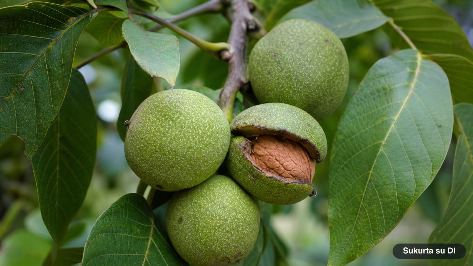Green fruits of the English walnut, one cracked open revealing the brown nut inside
