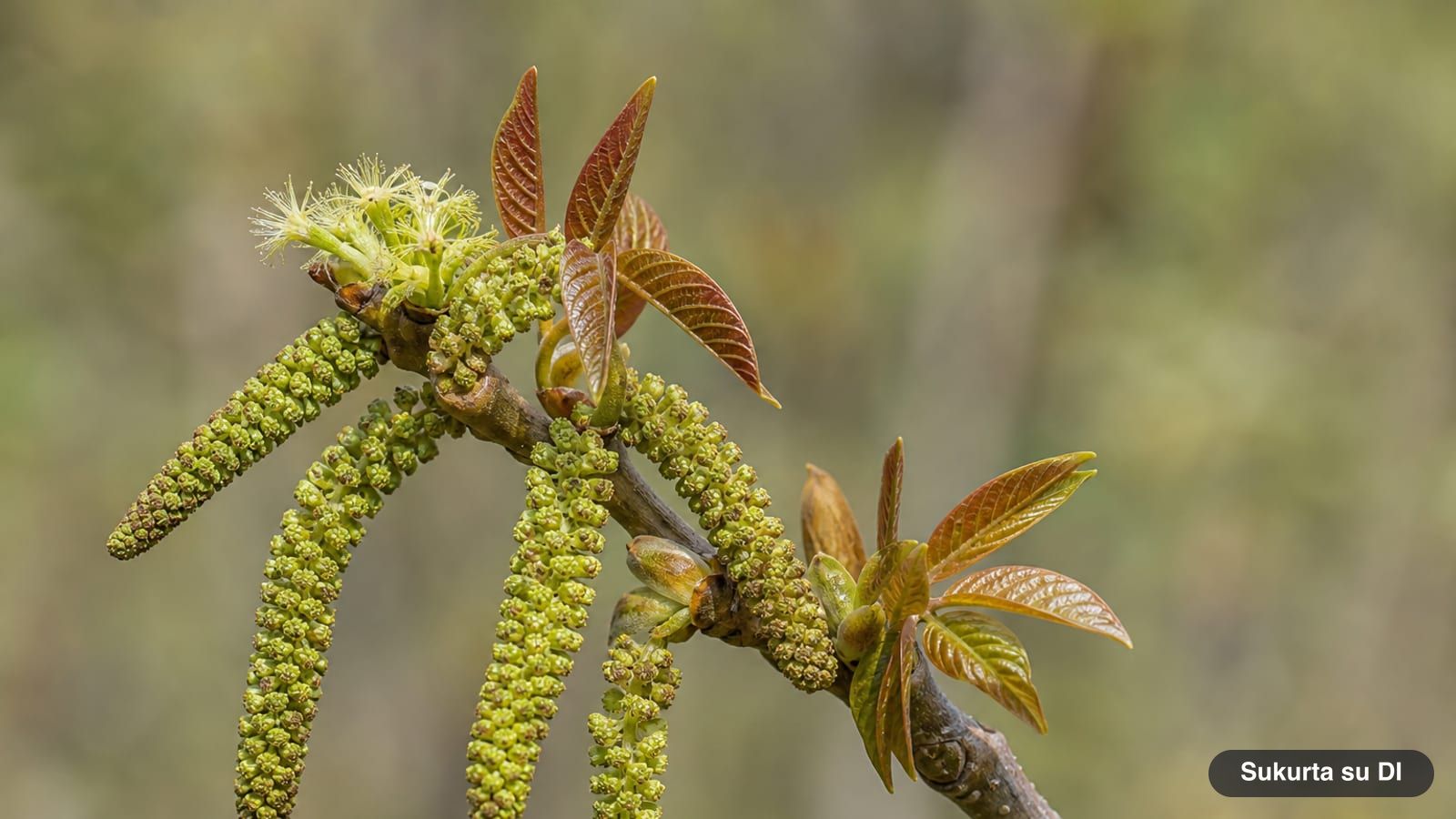 Greenish male catkins and female flowers at the tip of a shoot of an English walnut in late spring