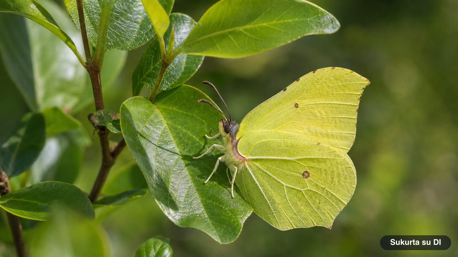 Bright yellow brimstone butterfly on a glossy alder buckthorn leaf in spring