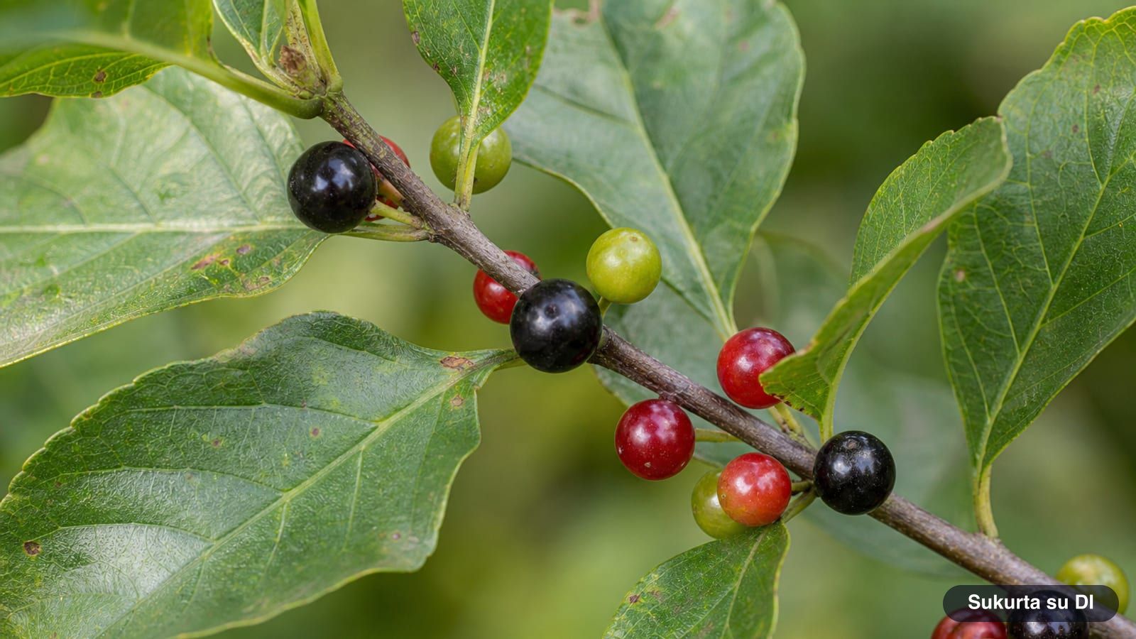 Green, red, and black alder buckthorn berries on the same branch