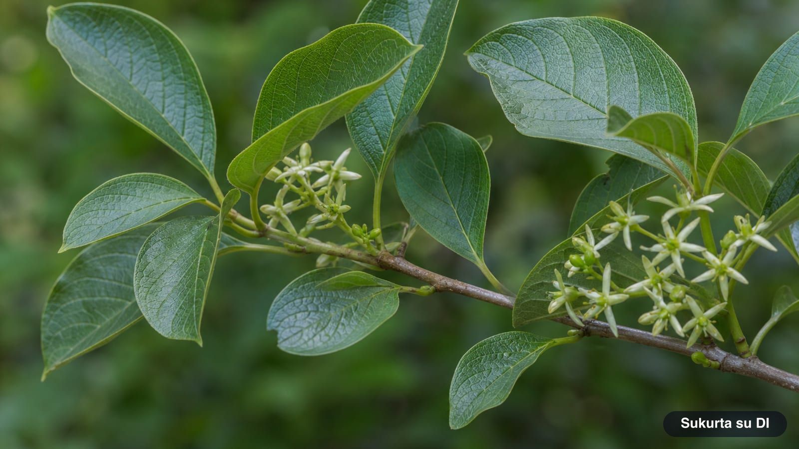 Tiny greenish-white star-shaped flowers of alder buckthorn in leaf axils