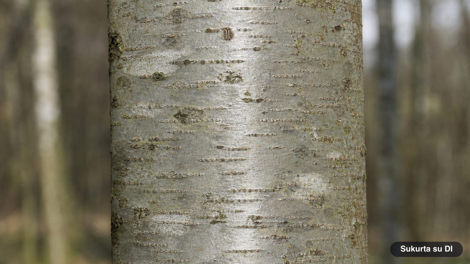 Smooth shiny gray bark of the rowan tree with horizontal lenticels