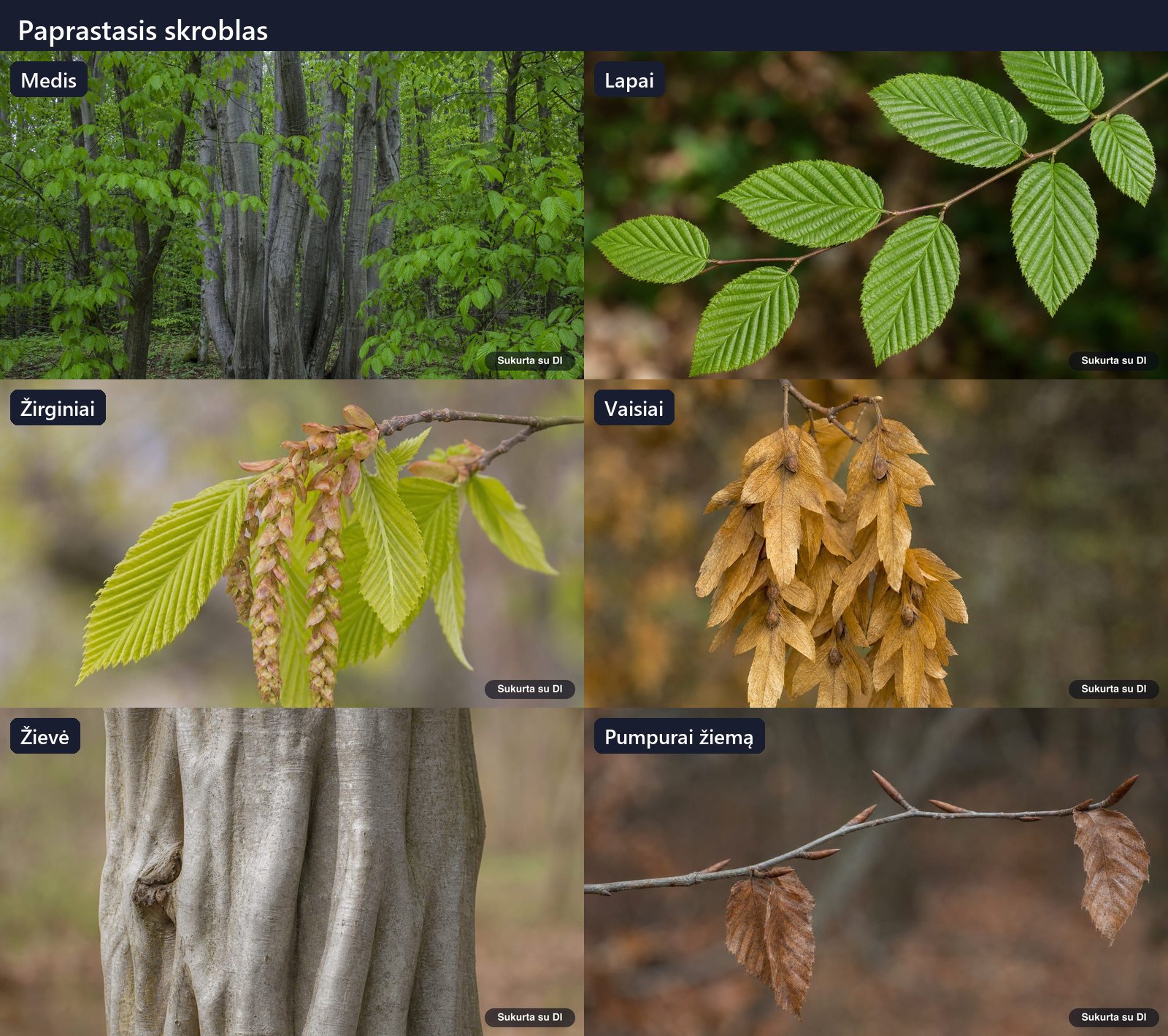 European hornbeam: tree, leaves, flowers, fruit or seeds, bark, and buds in one illustration