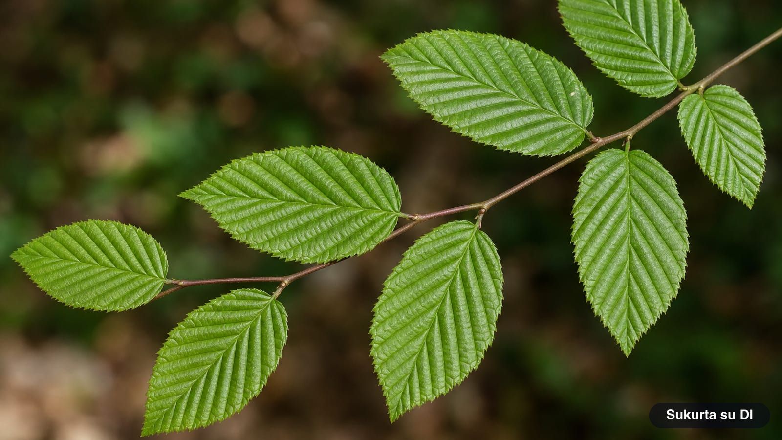 Ovate, double-toothed leaves of the European hornbeam with parallel impressed veins