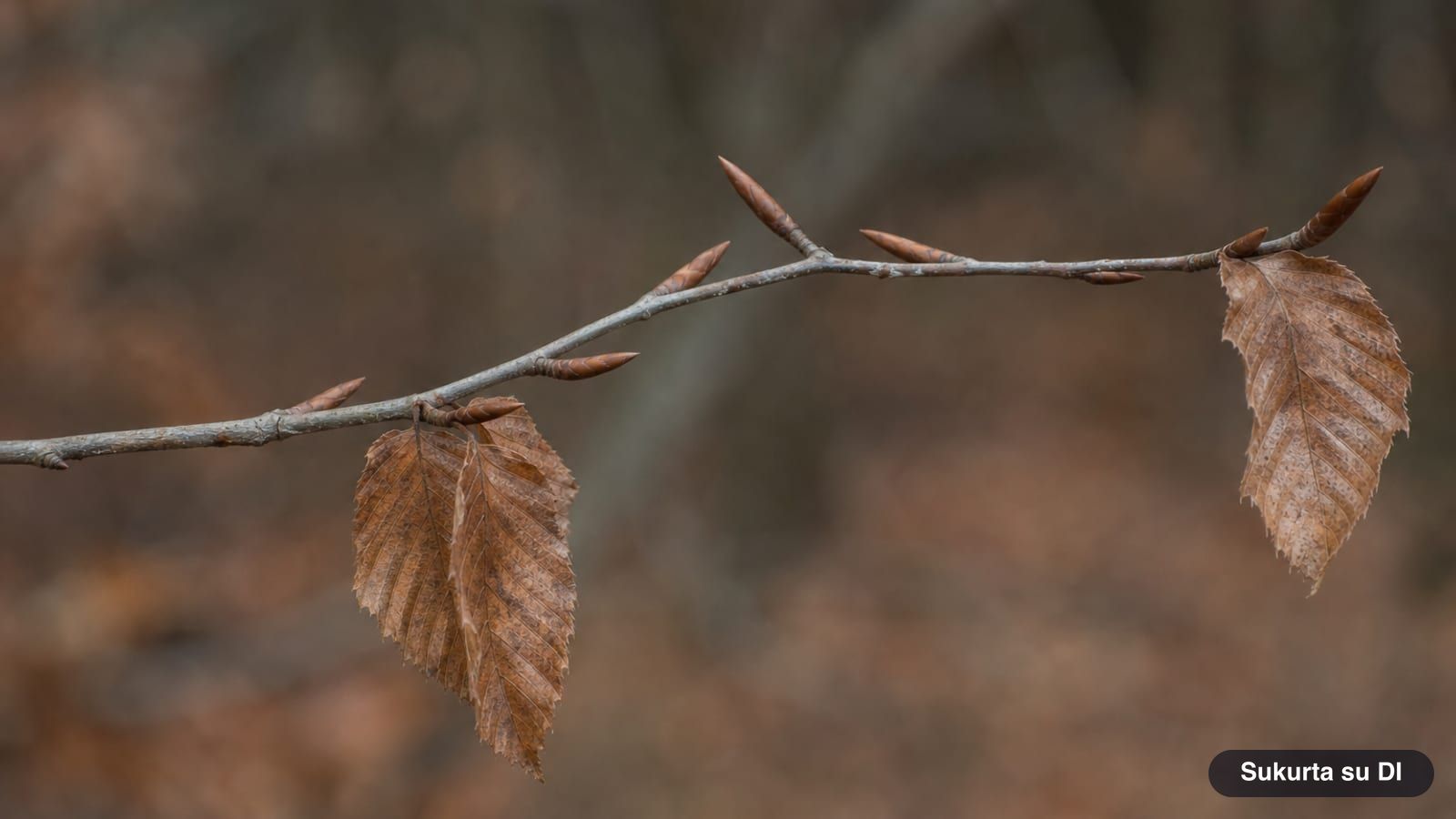 A zigzagging winter twig of the European hornbeam with pointed, appressed buds and dry leaves