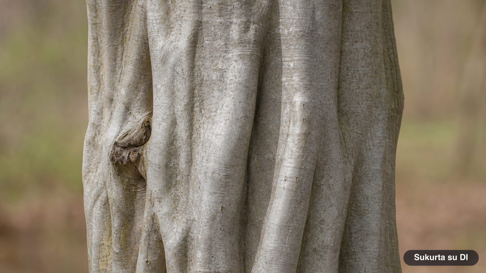 Smooth gray bark of the European hornbeam with sinuous longitudinal ridges