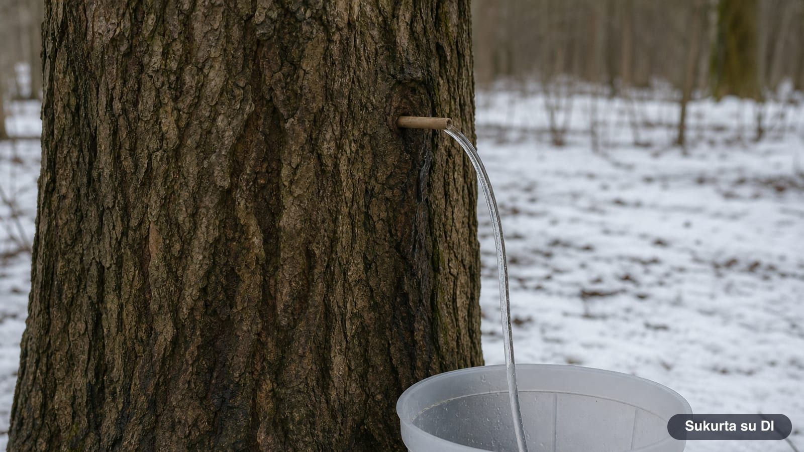 Norway maple trunk with a spout and bucket for collecting sap in late winter