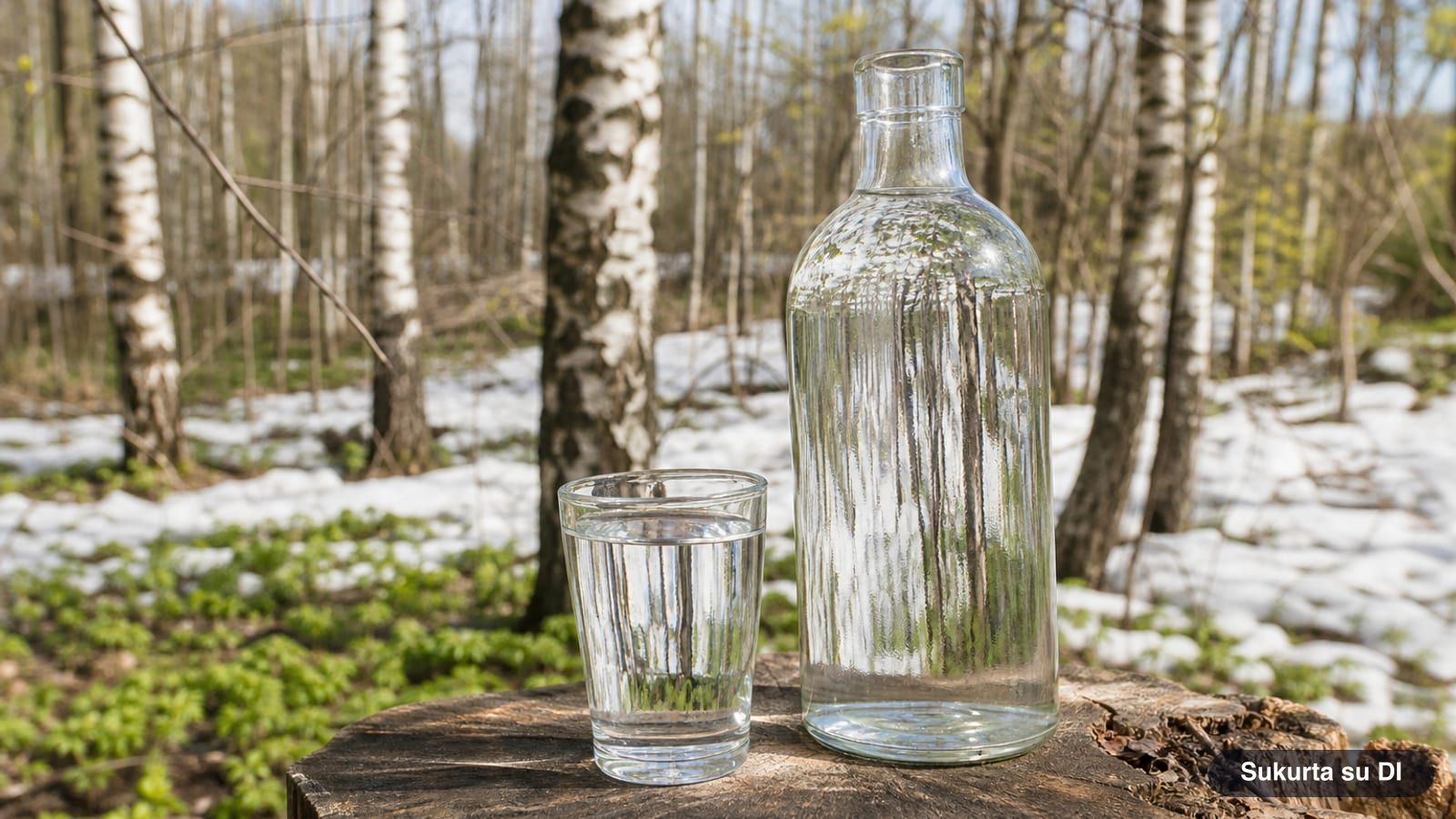 A glass and a bottle of fresh clear birch sap on a stump in a spring birch grove