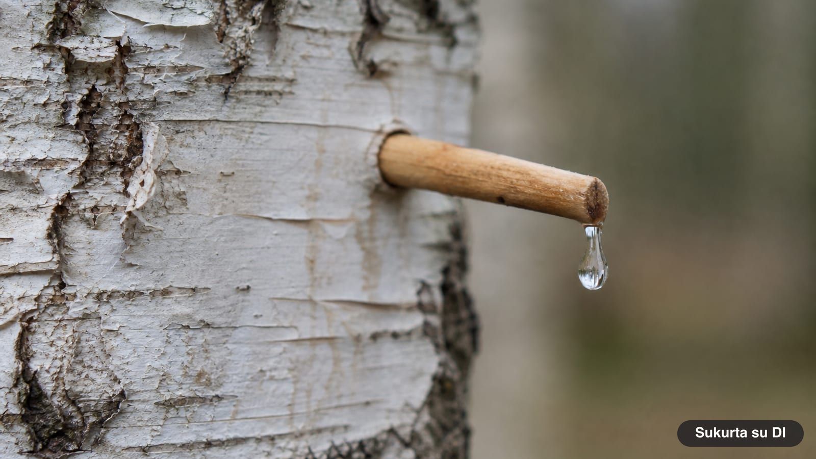 A wooden spout in a birch trunk with clear sap dripping in early spring