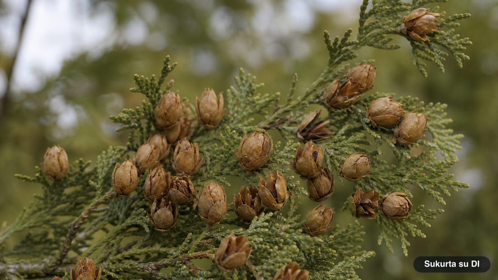 Small brown oval cones of northern white-cedar among scale-like foliage