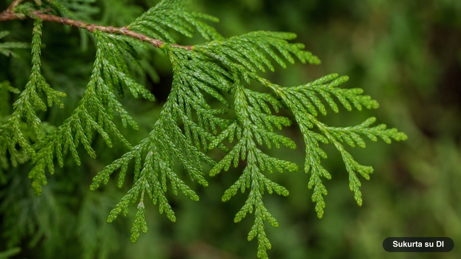 Flattened fan-like branchlets of northern white-cedar with closely pressed scale leaves