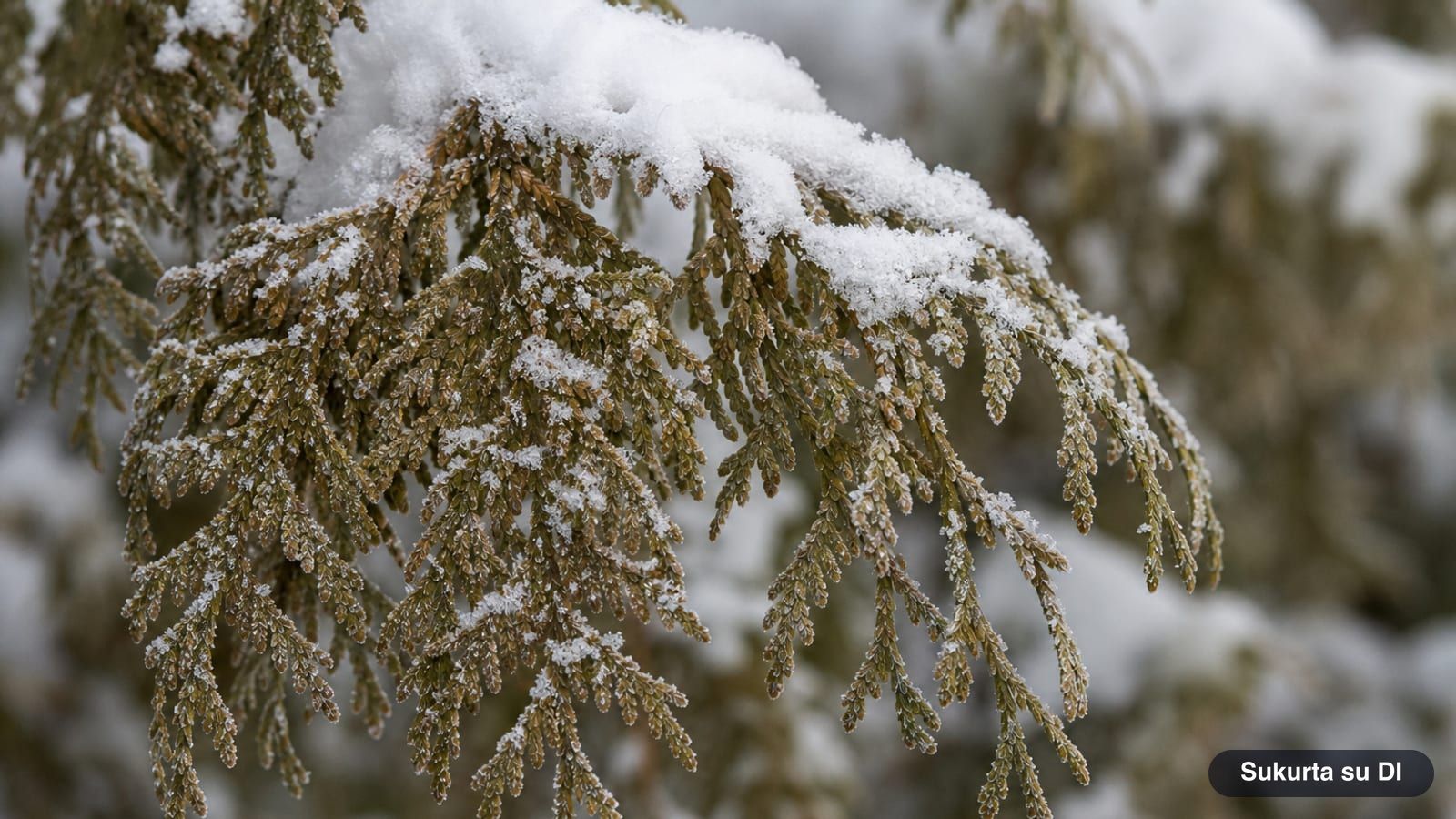 Northern white-cedar branches in winter with a brownish tint, dusted with snow