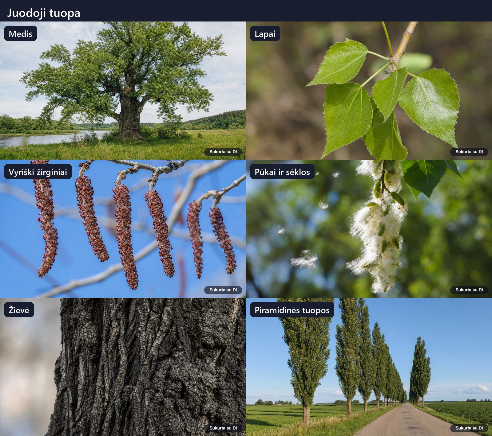 Black poplar: tree, leaves, flowers, fruits or seeds, bark and buds in one illustration