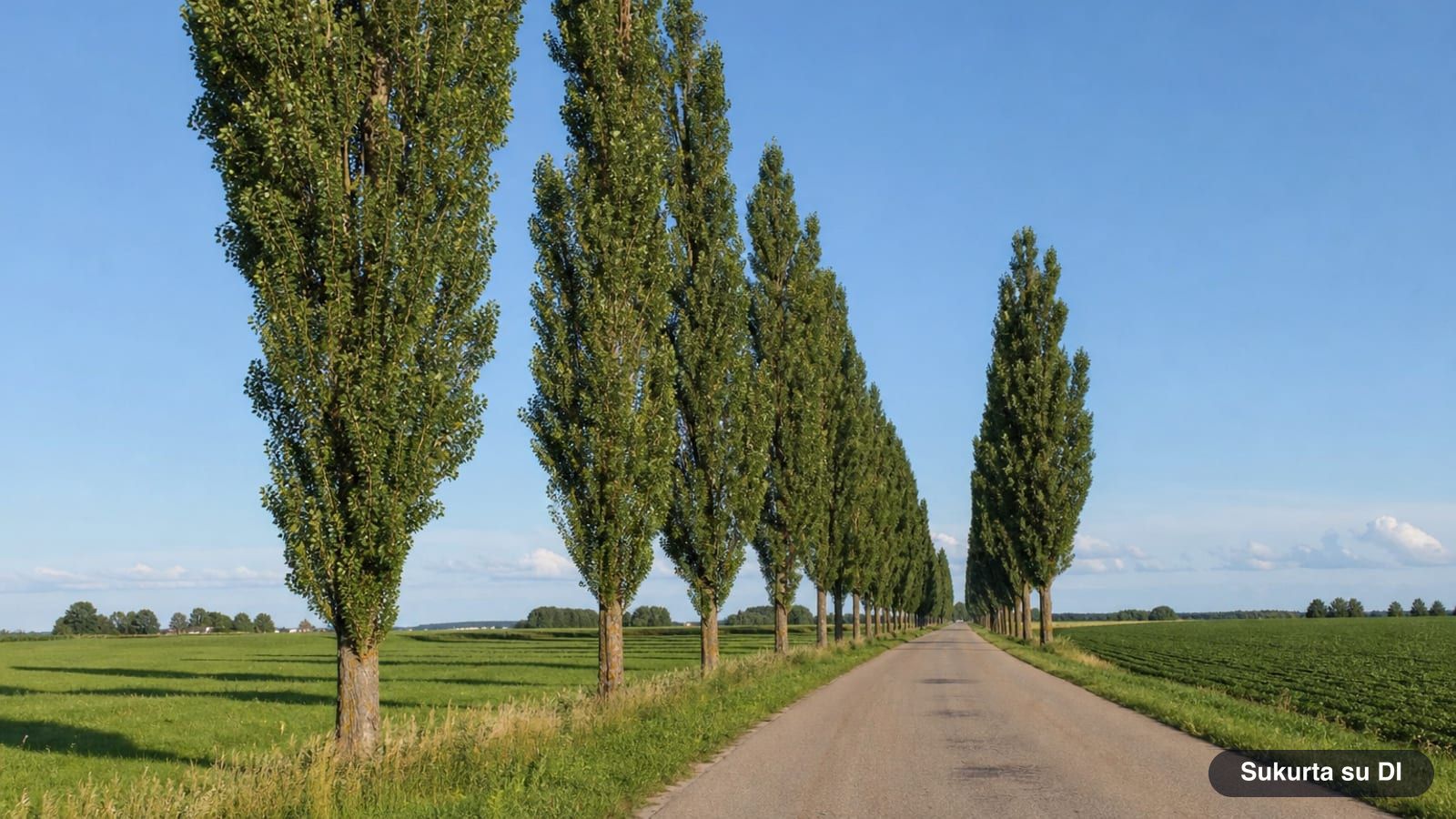 A row of Lombardy poplars along a straight country road in summer