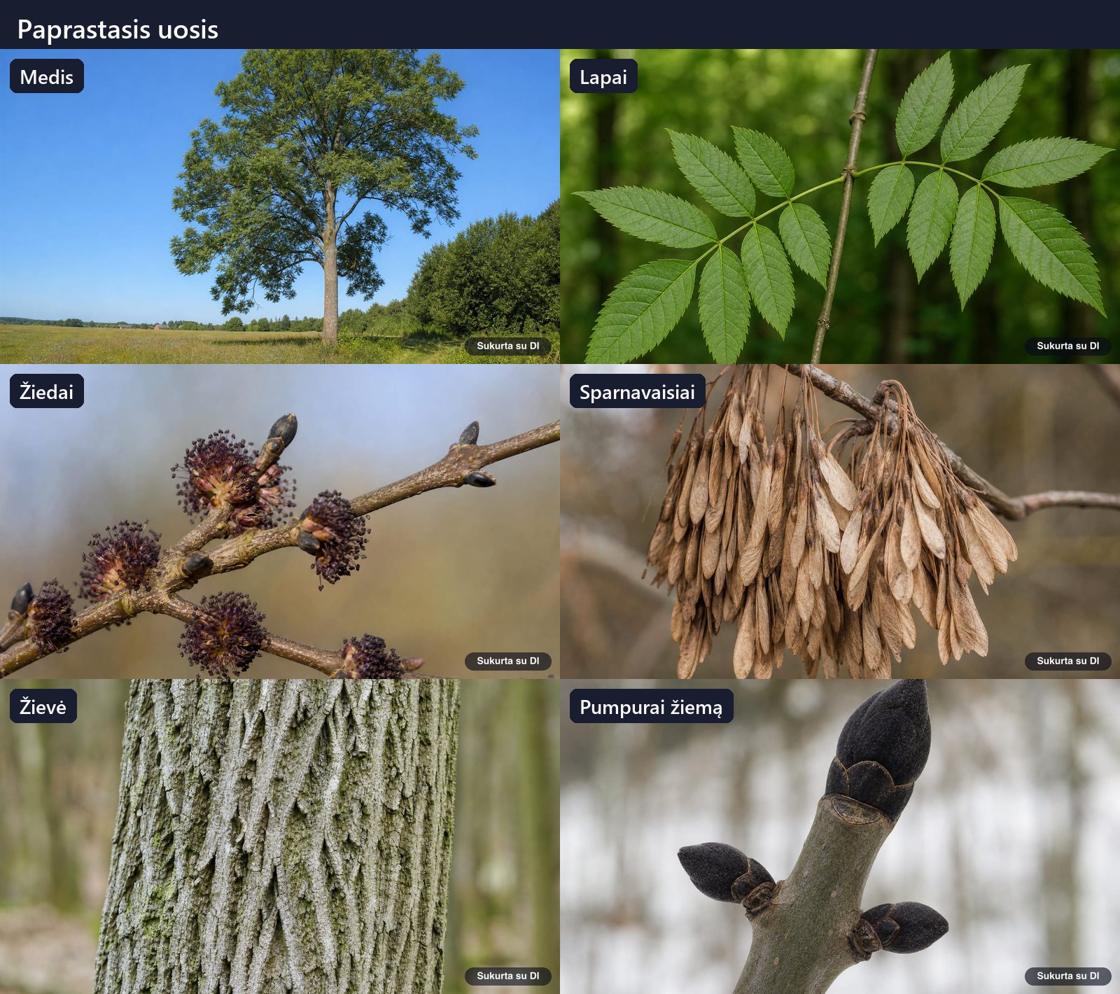 European ash: tree, leaves, flowers, fruits or seeds, bark and buds in one illustration