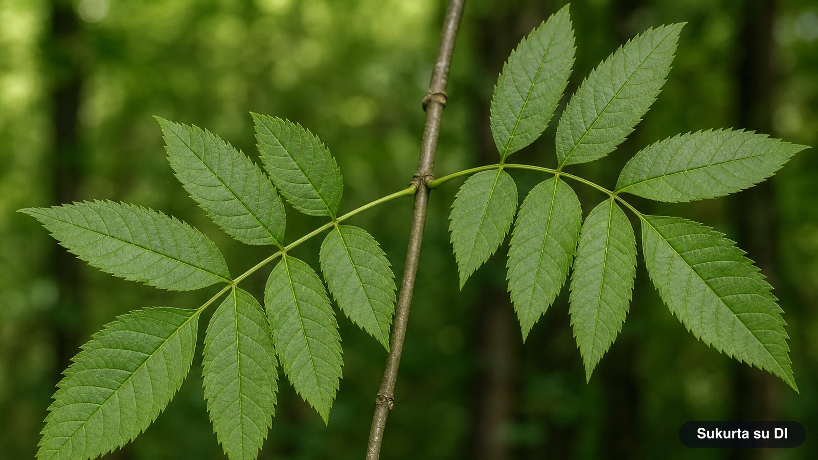 Compound pinnate leaf of the European ash with pointed toothed leaflets