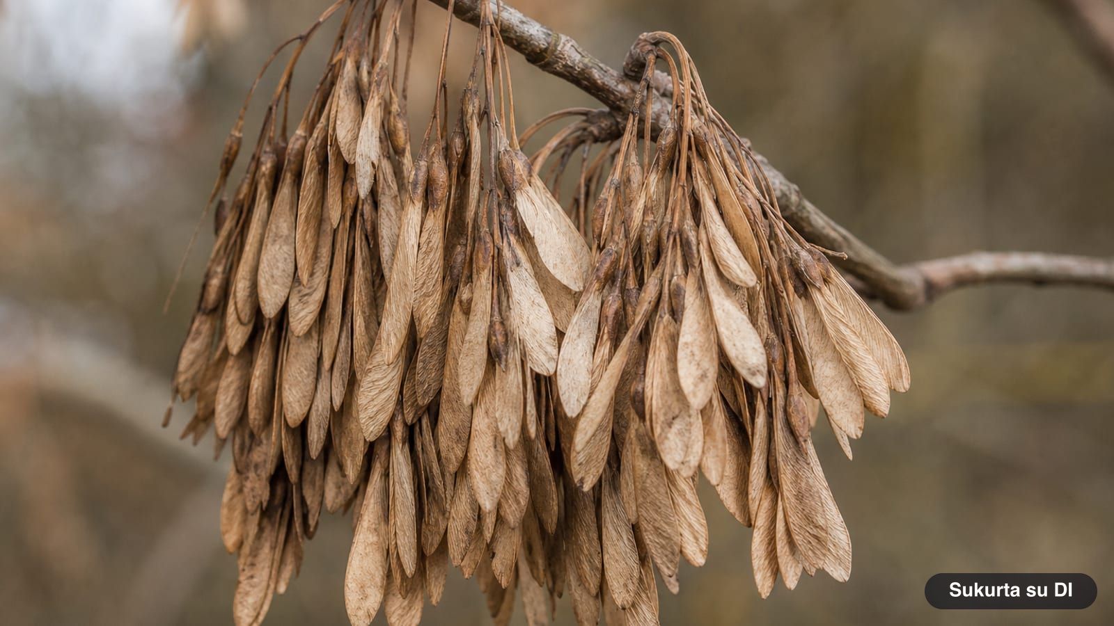 Hanging clusters of brown single winged seeds of the European ash