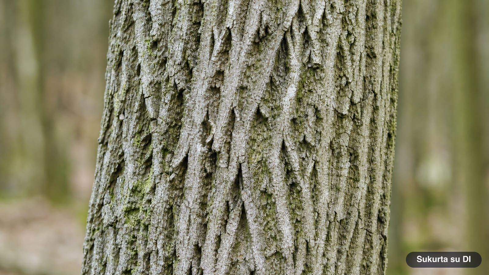 Gray bark of the European ash with interlacing ridges forming a diamond network