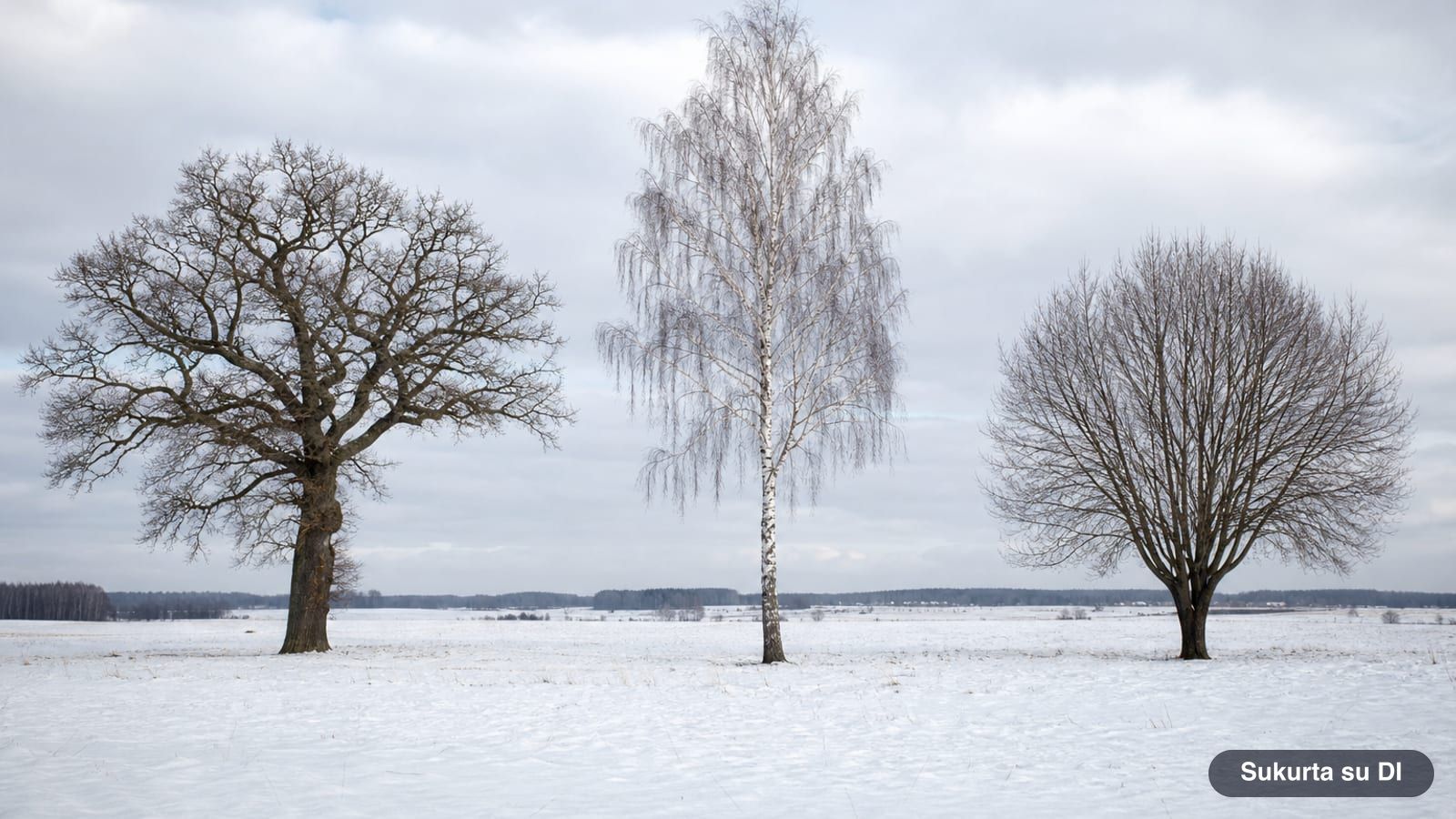 Three bare trees in a snowy field: a broad oak, a slender birch, and a round-canopied maple