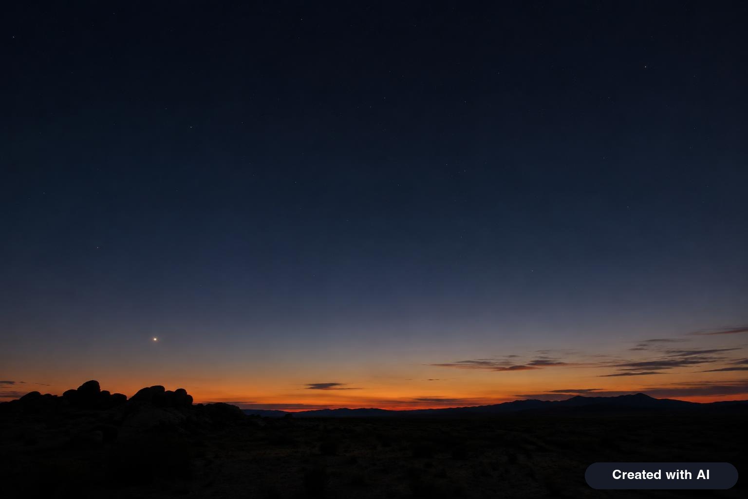 Night sky over a quiet desert horizon with a bright point of light low in the west after sunset