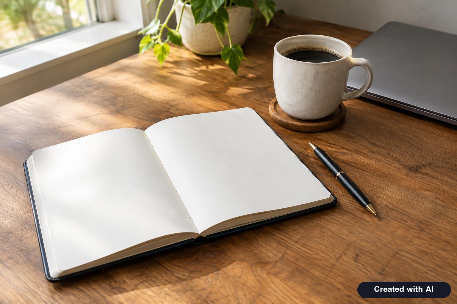Open planner with a pen and a cup of coffee on a wooden desk beside a closed laptop