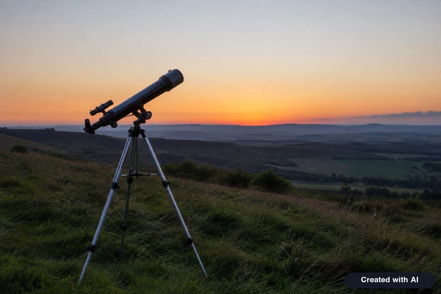 Telescope on a tripod on a hillside at dawn with the sun just below the horizon