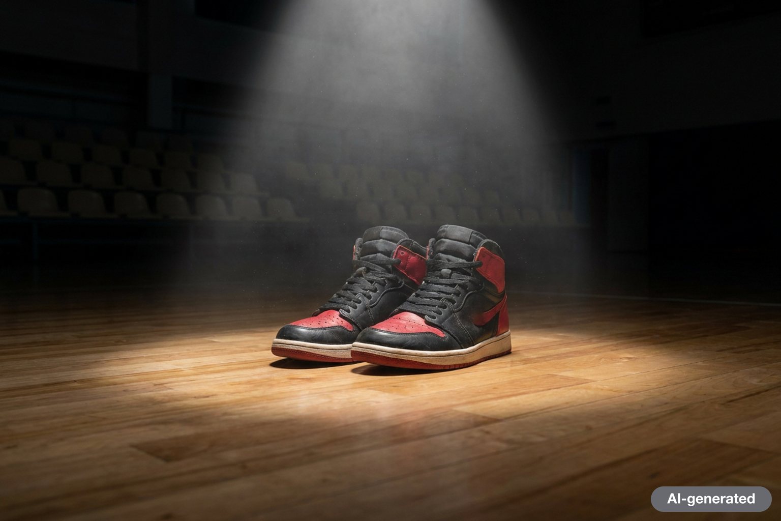 Empty basketball arena with a single spotlight on the hardwood court and a red-and-black sneaker pair at the free-throw line