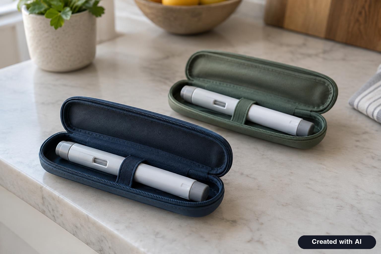 Two identical unbranded auto-injector pens in different colored cases on a kitchen counter