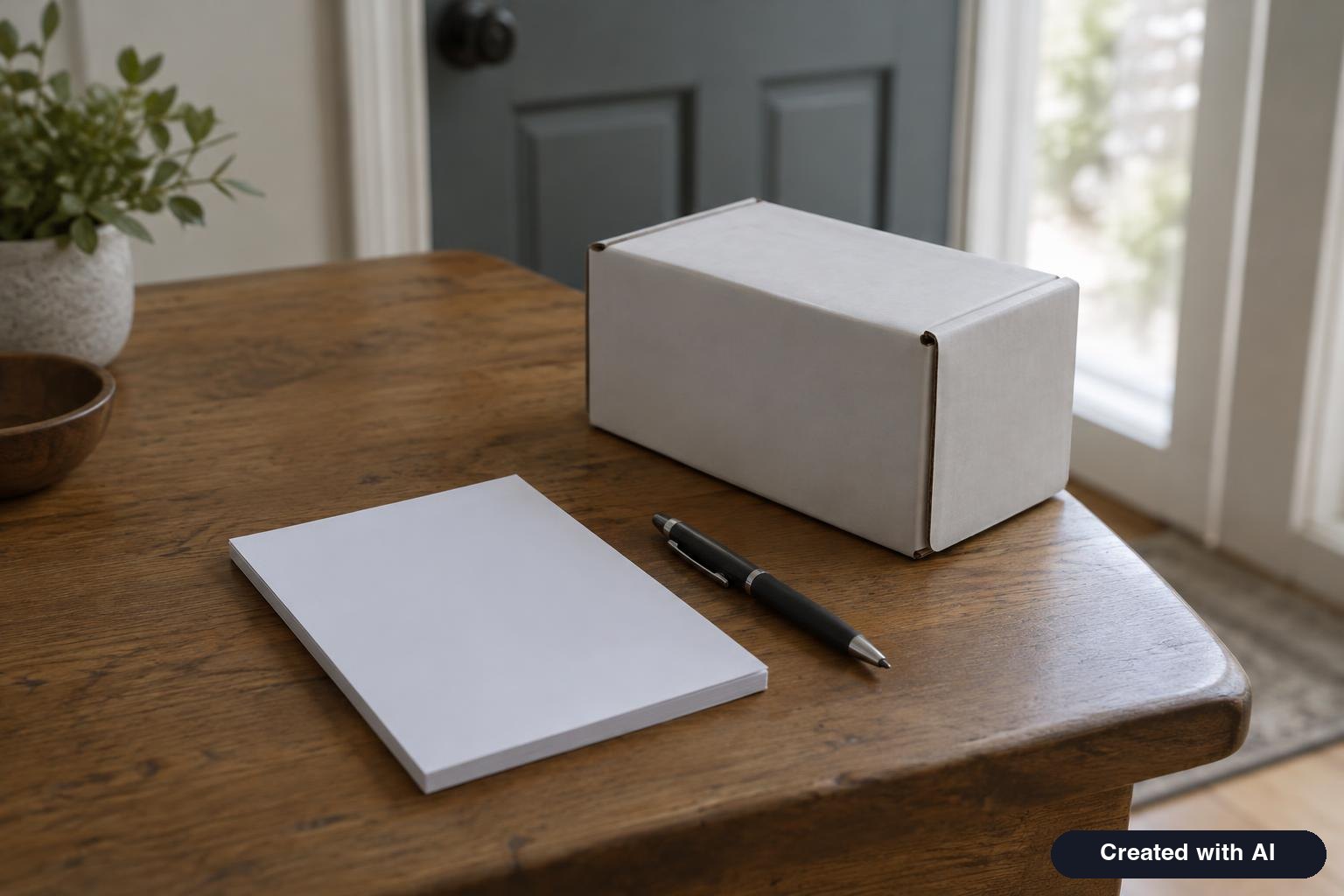 A paper prescription pad, a pen and a small insulated shipping box on a doorstep table
