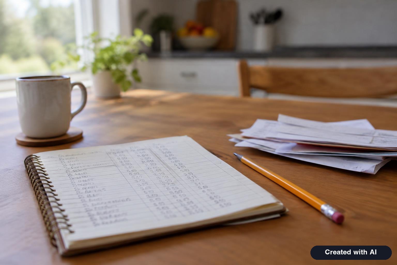 A household budget notebook with a pay stub, a tax return and a pencil on a kitchen table