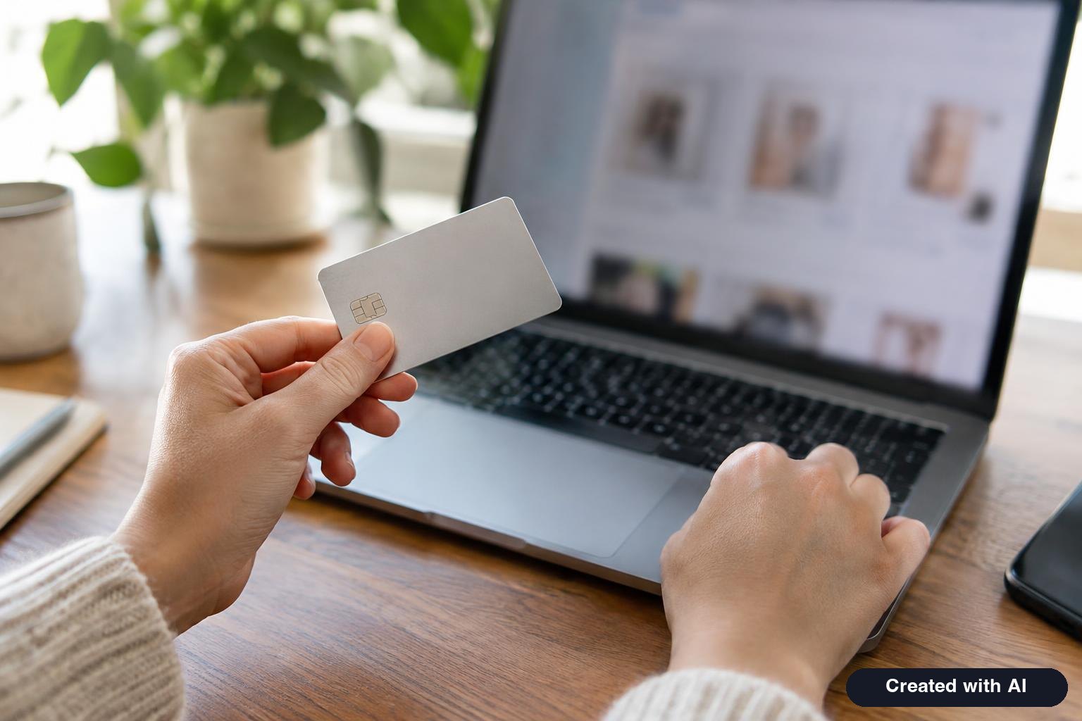 A person holding a bank card next to a laptop at a home desk, about to make an online payment