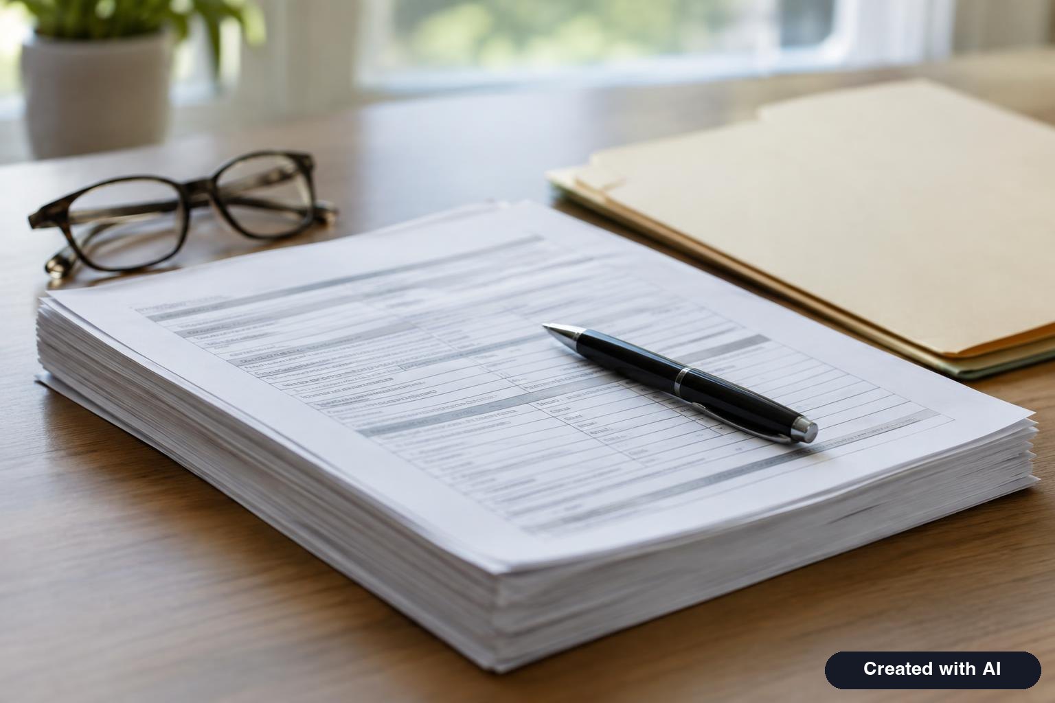 A multi-page government application form on a desk with a black pen, reading glasses and a folder of supporting documents