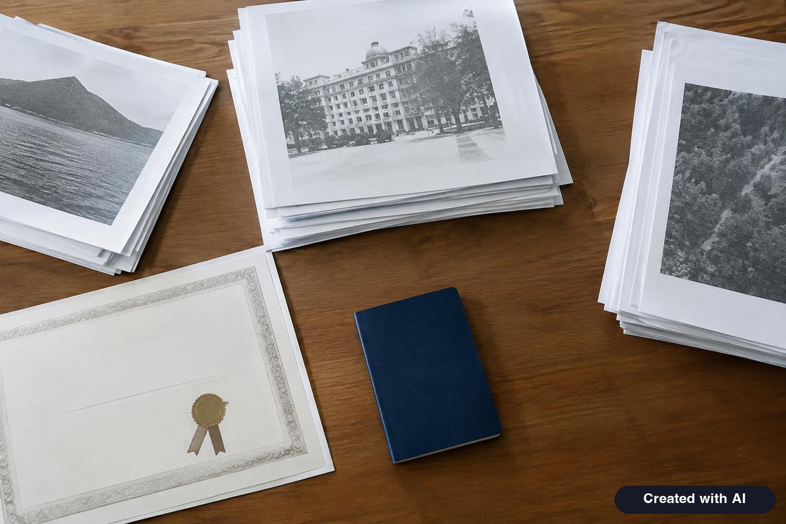 Supporting documents arranged in neat piles on a table: photocopies, a marriage certificate, tax papers and a passport