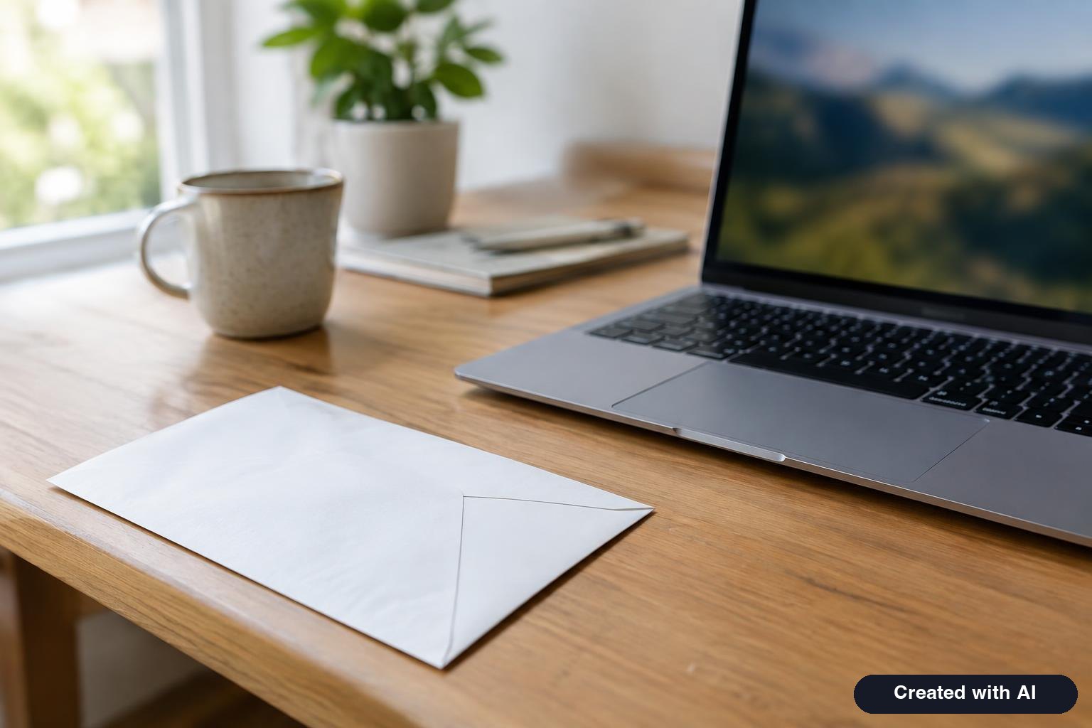 A sealed large envelope and a laptop on a desk, representing the choice between mailing a paper form and filing online