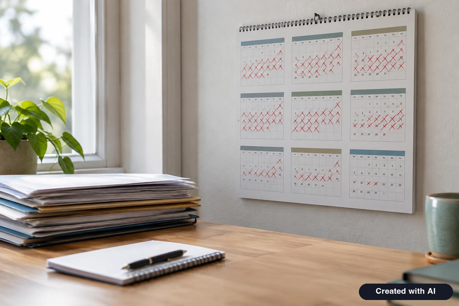 A wall calendar with months crossed off beside a stack of immigration paperwork on a home desk