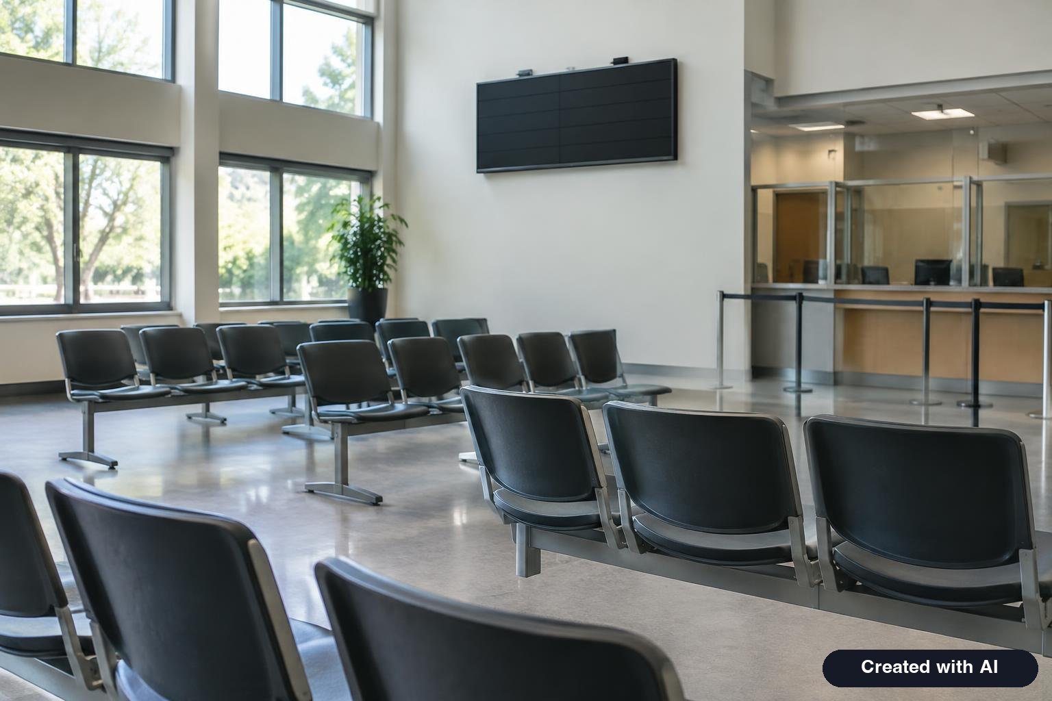 Rows of empty chairs in a government waiting room with a ticket number display on the wall