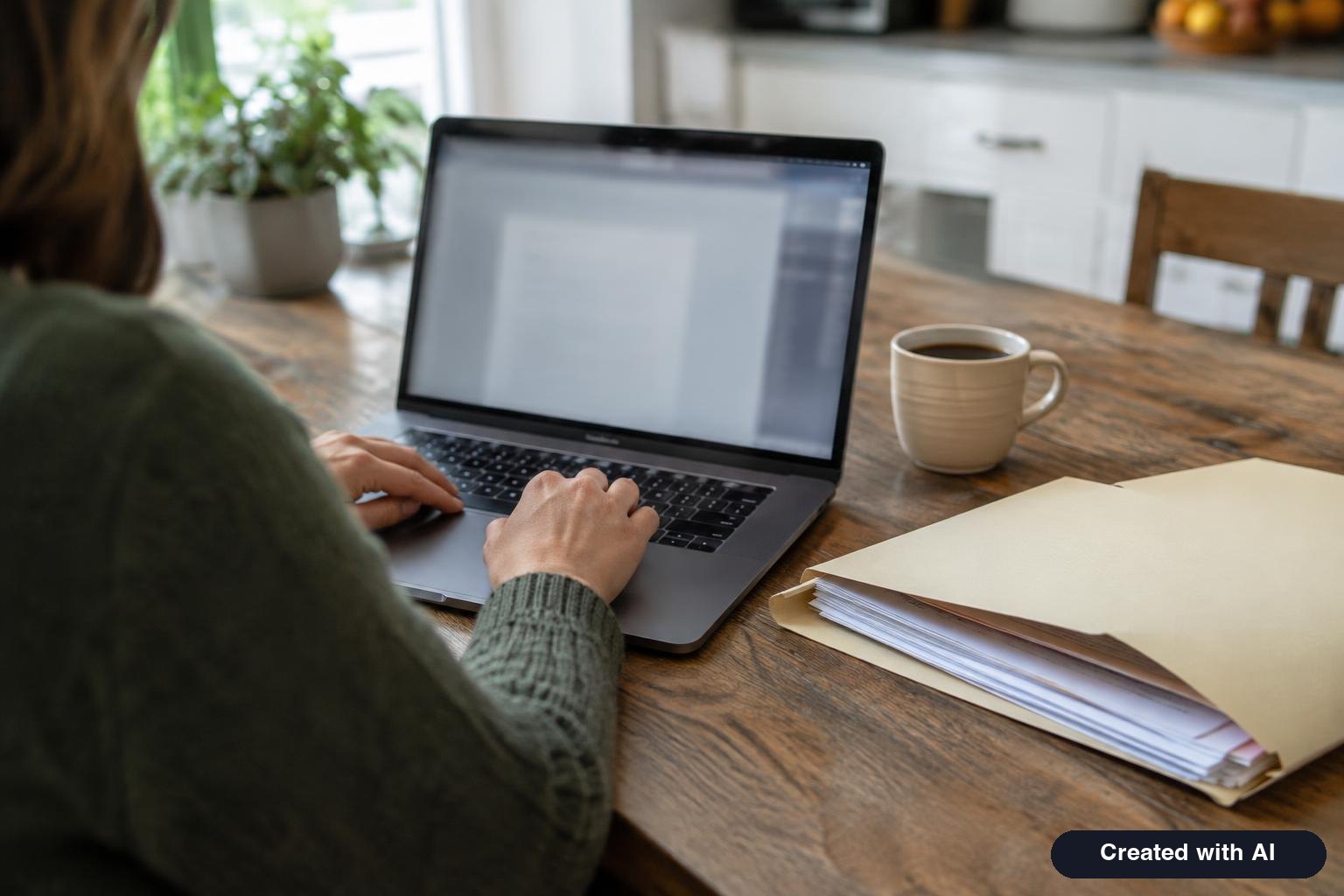 A person at a kitchen table checking a laptop next to an open folder of documents and a cup of coffee