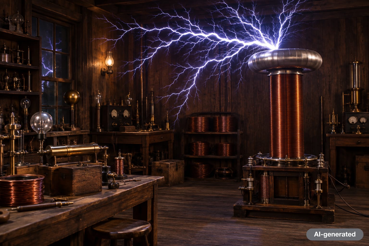 Large Tesla coil throwing electrical sparks inside a dim wooden laboratory with brass instruments and a workbench