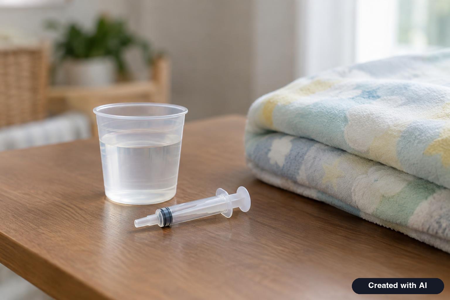 Small medicine syringe and a cup of clear rehydration fluid on a table beside a folded baby blanket