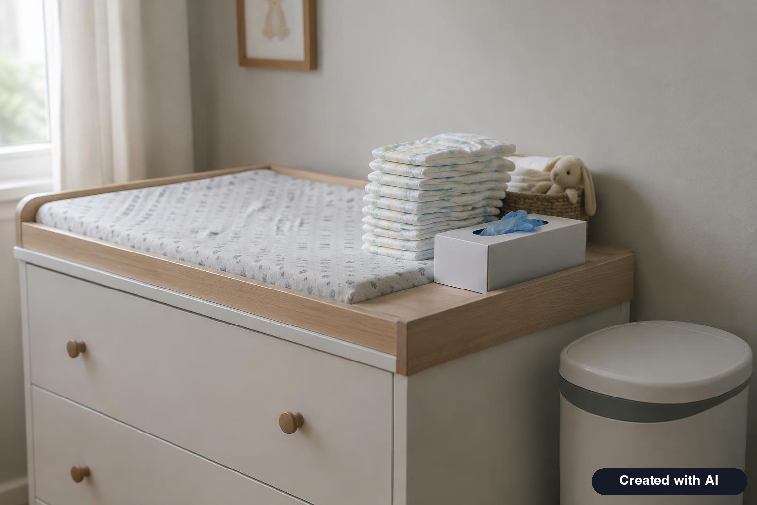 Changing table with a stack of clean diapers, disposable gloves and a closed lidded trash can