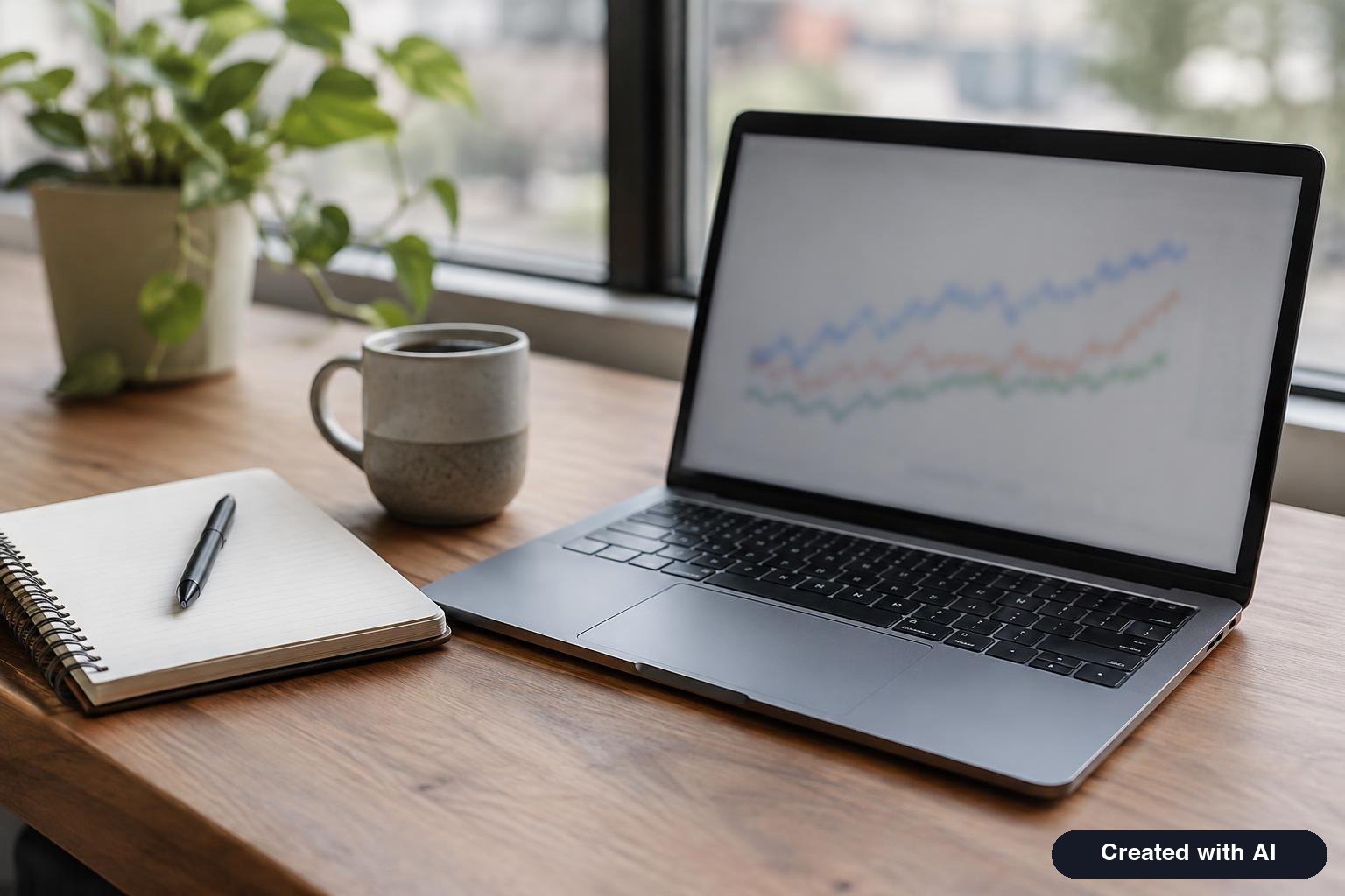 Laptop on a desk showing a blurred line chart, with a notebook and coffee cup beside it