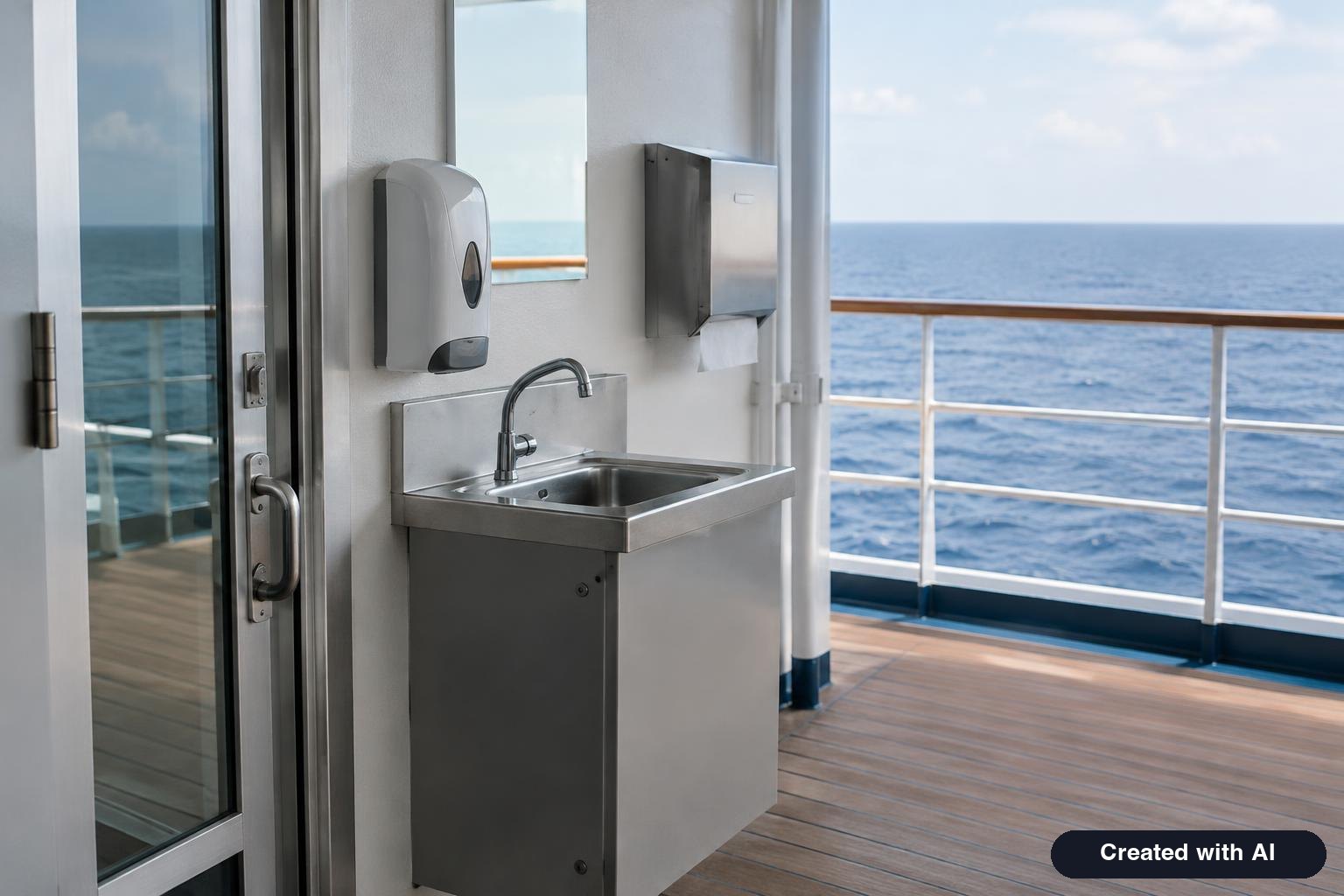 Cruise ship deck railing at sea with a hand sanitizer dispenser and sink station near a doorway