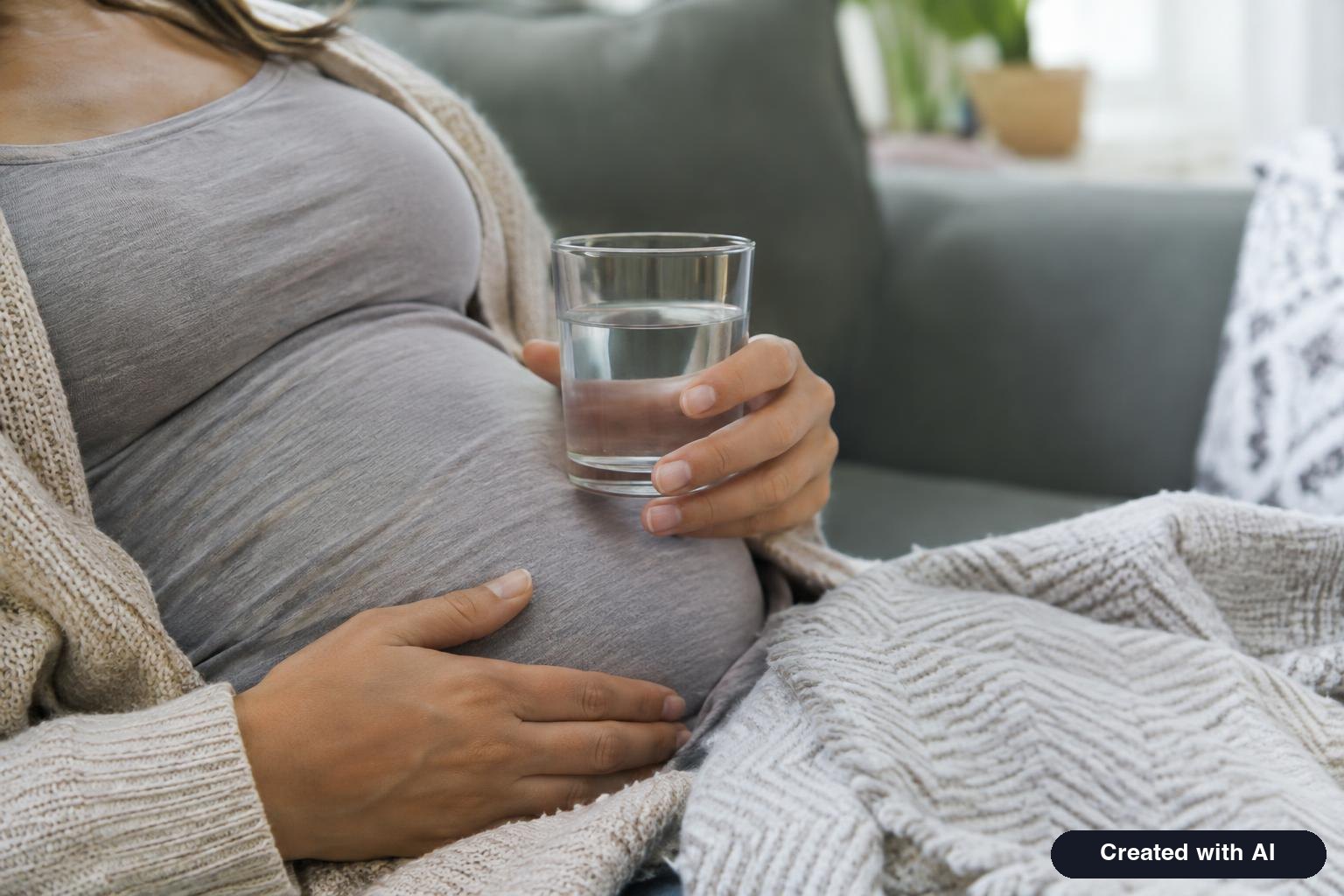 Pregnant woman's hands holding a glass of water while resting on a sofa with a blanket